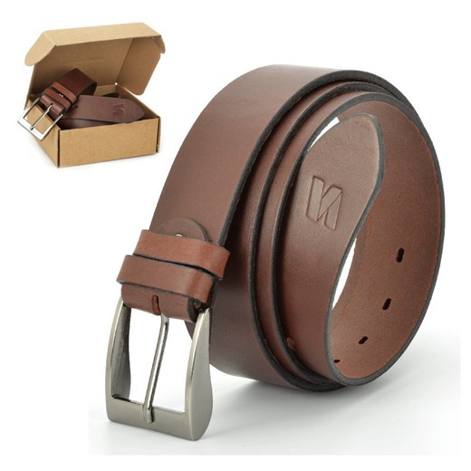 Pasek skórzany STYLION w pudełku - brązowy ST40-1 - szer.4cm ze sklepu Stylion w kategorii Paski męskie - zdjęcie 107784059