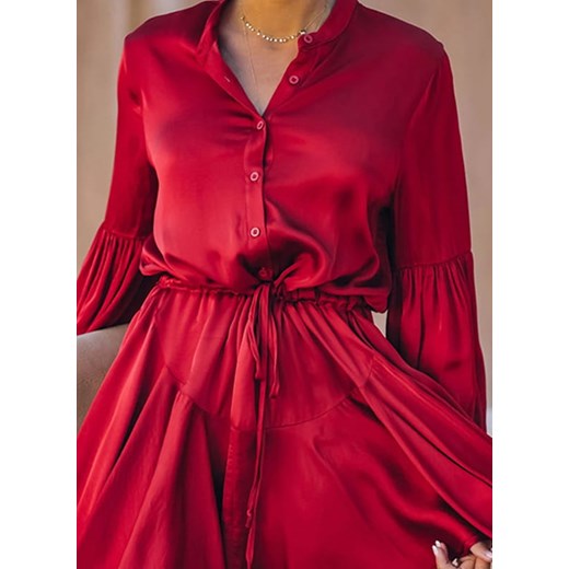 Eleganckie bluzka rękaw balon lato satyna coctail party ściągany kołnierz falbany dopasowany mini czerwony sukienka (S) Sandbella L sandbella