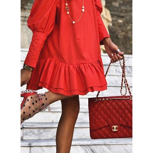 Modne babydoll rękaw balon wszystkie sezony falbany na co dzień kołnierz falbany hem luźny mini czerwony sukienka (S) Sandbella S sandbella