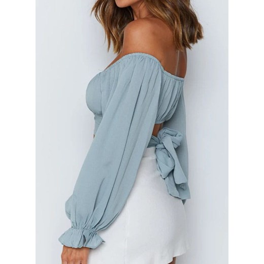 Chic bluzka klosz lato bez wzoru randka dekolt serce falbany dopasowany krótki top niebieski bluzka (S) Sandbella XL okazja sandbella