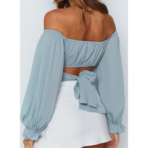 Chic bluzka klosz lato bez wzoru randka dekolt serce falbany dopasowany krótki top niebieski bluzka (S) Sandbella XL wyprzedaż sandbella