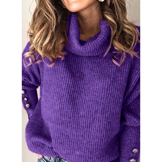 Elegancki bluzka długi rękaw zima wydrążenie casual fałdowany guzik luźny regularny fioletowy sweter (S) Sandbella XL okazyjna cena sandbella