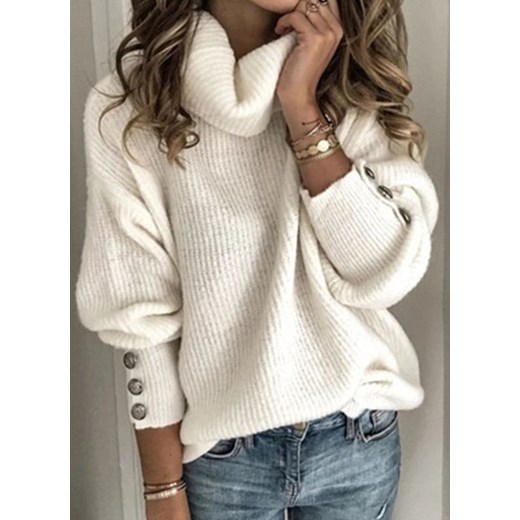 Elegancki bluzka długi rękaw zima wydrążenie casual fałdowany guzik luźny regularny biały sweter (S) Sandbella XL wyprzedaż sandbella