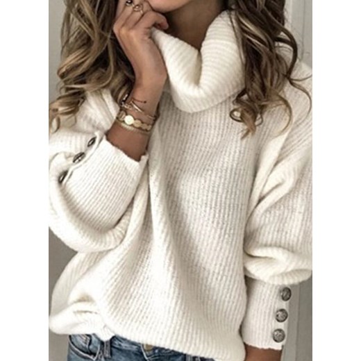 Elegancki bluzka długi rękaw zima wydrążenie casual fałdowany guzik luźny regularny biały sweter (S) Sandbella M okazyjna cena sandbella