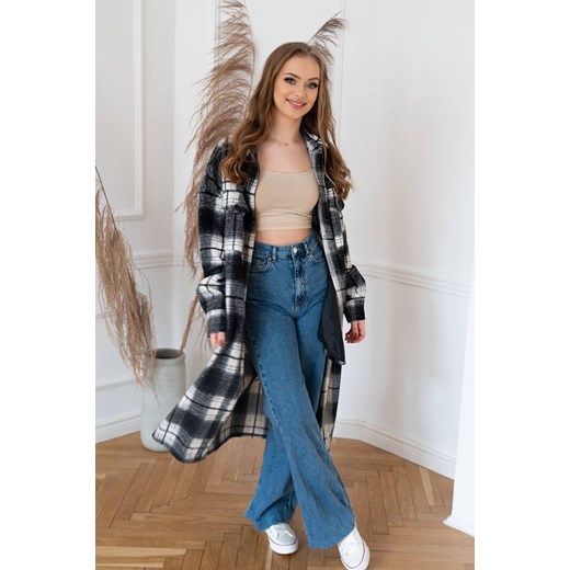 KOSZULOWY DAMSKI PŁASZCZ W KRATĘ CZARNO-BIAŁY (8424) Goodlookin.pl L (40) goodlookin.pl