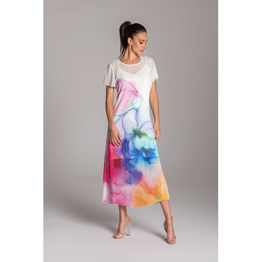 Długa letnia sukienka trapezowa kolorowa z szyfonu z krótkim