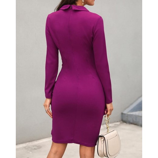 Sukienka Kendallme elegancka fioletowa w serek dopasowana na spotkanie biznesowe z długimi rękawami 