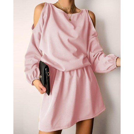 Sukienka Kendallme wiosenna różowa mini casual z długimi rękawami z odkrytymi ramionami 