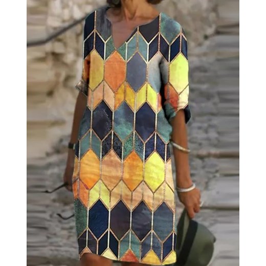 Sukienka Kendallme z dekoltem w serek w abstrakcyjne wzory z długimi rękawami mini dzienna 