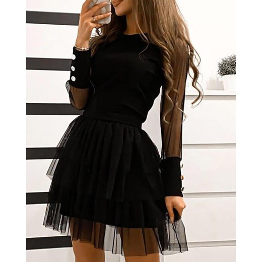 Sukienka czarna Kendallme z okrągłym dekoltem mini z długim rękawem casual 