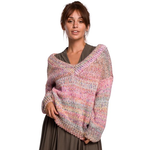 BK048 Wielokolorowy sweter z dekoltem V - różowy Be Knit S/M Świat Bielizny