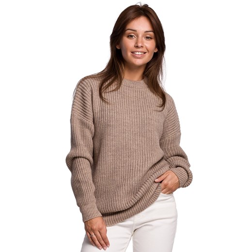 BK052 Długi sweter w prążek - cappuccino Be Knit S/M Świat Bielizny