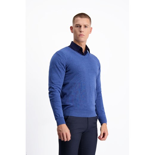 Niebieski męski sweter z dodatkiem wełny z merynosa Lavard 73901 Lavard L Eye For Fashion