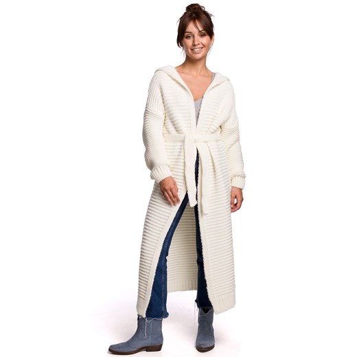 BK054 Długi kardigan z kapturem i paskiem - ecru ze sklepu Świat Bielizny w kategorii Swetry damskie - zdjęcie 108949496