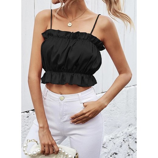 Bez rękawów dekolt prosty cienkie ramiączka satyna ściągacz hiszpanka lato falbana crop top czarny koszulka (S) Sandbella L sandbella