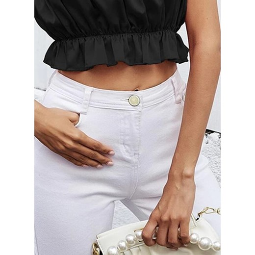 Bez rękawów dekolt prosty cienkie ramiączka satyna ściągacz hiszpanka lato falbana crop top czarny koszulka (S) Sandbella S sandbella