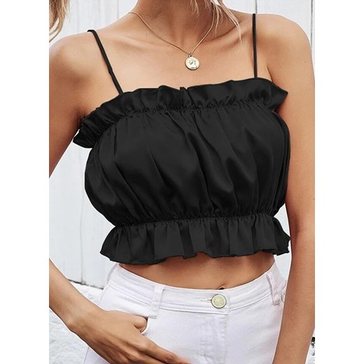 Bez rękawów dekolt prosty cienkie ramiączka satyna ściągacz hiszpanka lato falbana crop top czarny koszulka (S) Sandbella M sandbella