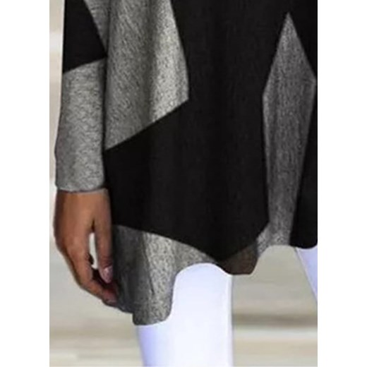 Długi rękaw dekolt V plisy geometryczny wzór luźna dłuższa koszula bluzka szary tunika (S) Sandbella XL sandbella