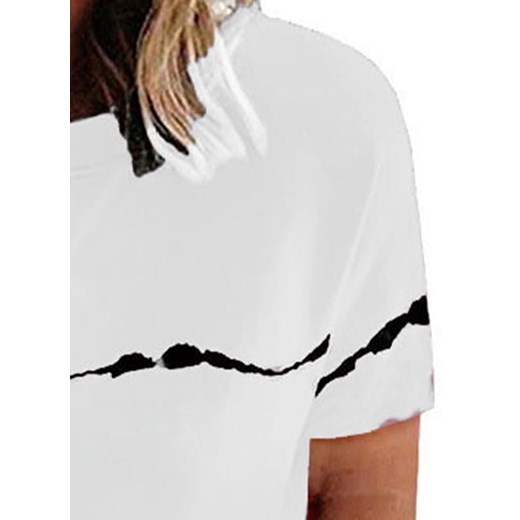 Krótki rękaw dekolt okrągły wzór paski prążki luźna casual na co dzień top koszulka bluzka biały tshirt (S) Sandbella L sandbella