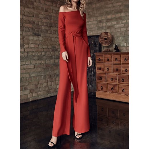 Długi rękaw asymetryczny dekolt obcisła talia wiązana wieczorowy długa nogawka dzwony elegancki czerwony kombinezon (S) Sandbella 2XL sandbella