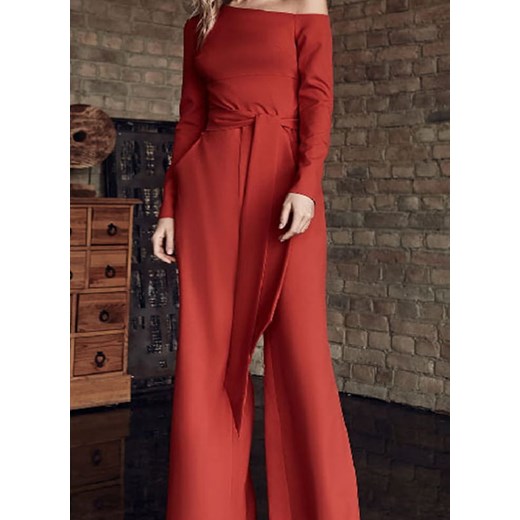 Długi rękaw asymetryczny dekolt obcisła talia wiązana wieczorowy długa nogawka dzwony elegancki czerwony kombinezon (S) Sandbella 2XL sandbella