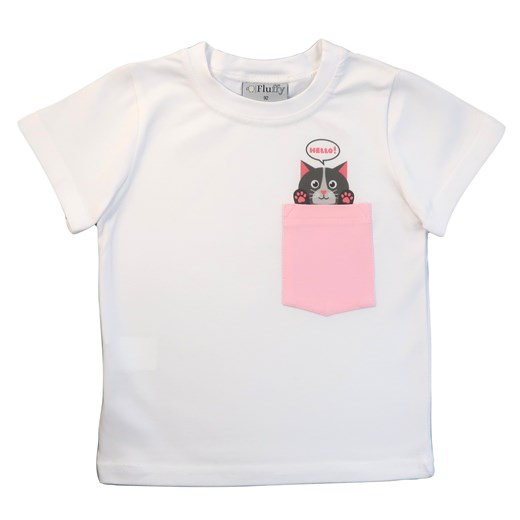 Biała koszulka dla dziewczynki, z różową kieszonką: Cat in pocket 86 Fluffy 110 Fluffy