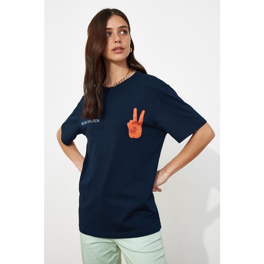Trendyol Navy Blue Boyfriend Printed Knitted T-Shirt Trendyol S Factcool
