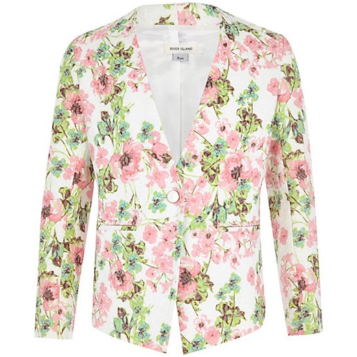 Girls cream floral jacquard blazer  river-island bezowy kwiatowy