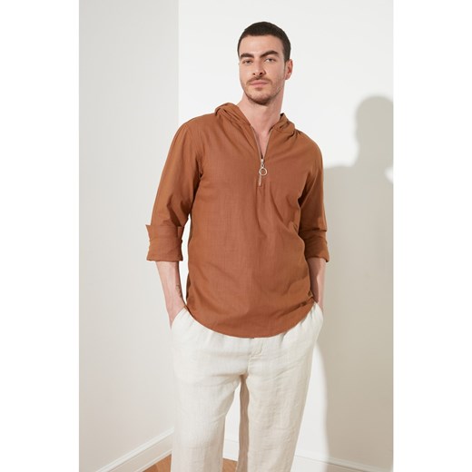 Trendyol Brown Men's Regular Fit Half Pat Zip Hooded Shirt Trendyol L Factcool