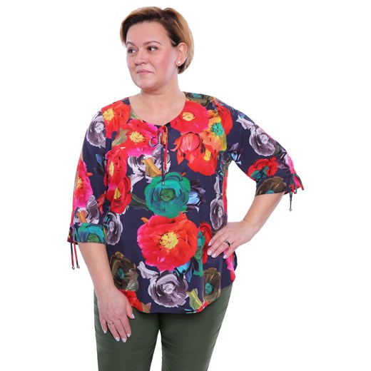 Granatowa bluzka bukiet kolorowych kwiatów 46 okazja Modne Duże Rozmiary