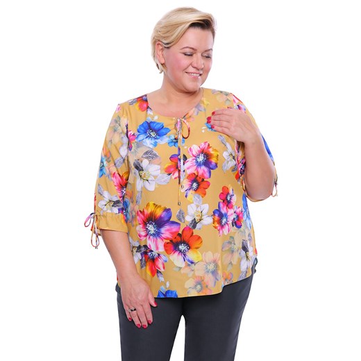 Musztardowa bluzka w kolorowe kwiaty 46 okazja Modne Duże Rozmiary