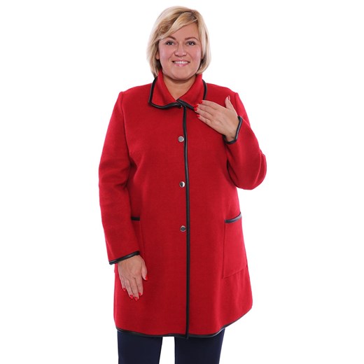 Czerwony płaszcz ze skórkowymi lamówkami 64 promocja Modne Duże Rozmiary