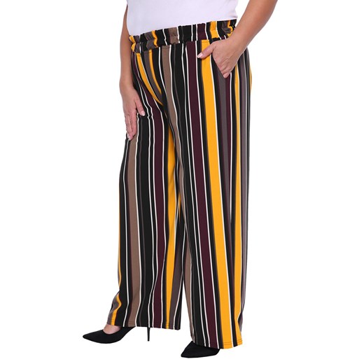 Spodnie na gumce w pionowe pasy żółty/beż 44 promocyjna cena Modne Duże Rozmiary