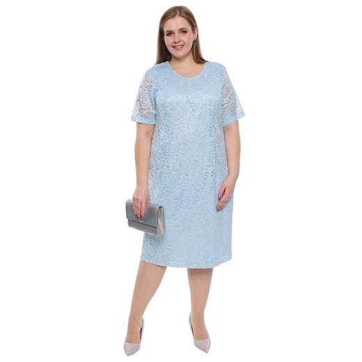 Błękitna koronkowa sukienka z krótkim rękawem 62 Modne Duże Rozmiary