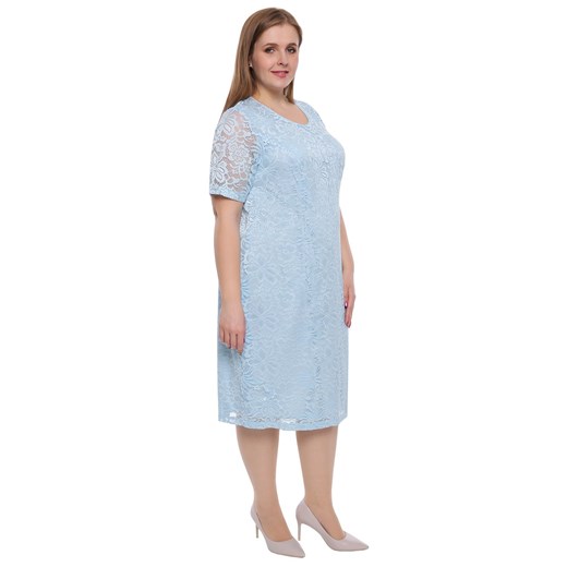 Błękitna koronkowa sukienka z krótkim rękawem 64 Modne Duże Rozmiary
