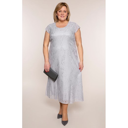 Długa koronkowa sukienka w srebrnym kolorze 48 Modne Duże Rozmiary