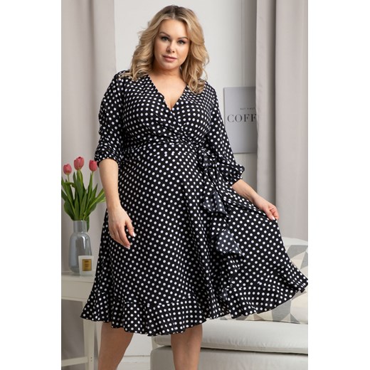 Sukienka kopertowa z falbanką IRIS wiązana czarna w grochy Plus Size karko.pl