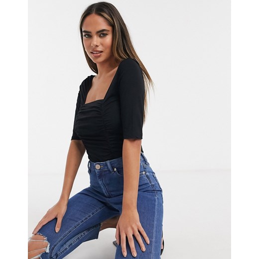 ASOS DESIGN – Czarne body z kwadratowym dekoltem, marszczonym przodem i rękawem 1/2-Czarny 36 Asos Poland