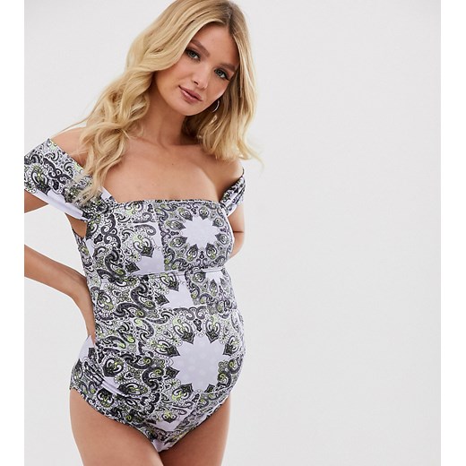 ASOS DESIGN Maternity – Liliowy strój kąpielowy we wzór paisley z dekoltem bardot i wiązaniem na plecach-Wielokolorowy 34 Asos Poland