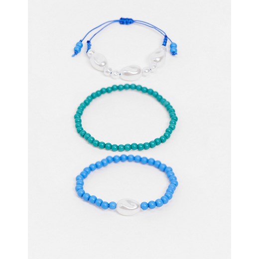 ASOS DESIGN – Zestaw trzech bransoletek z koralikami i sztucznymi perłami w kolorze niebieskim i zielonym-Wielokolorowy No Size Asos Poland