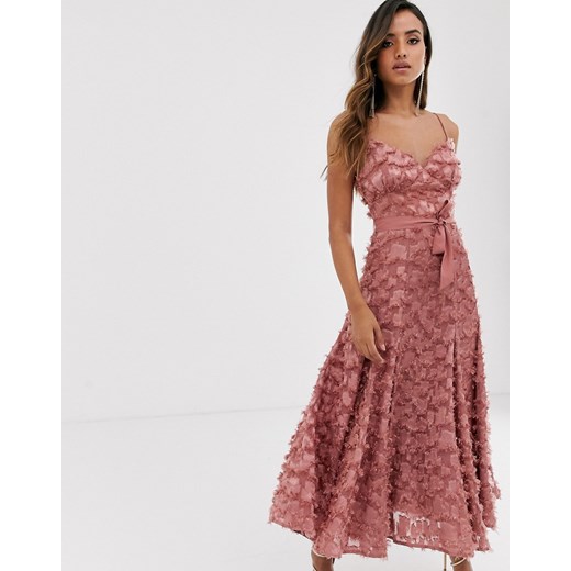 Forever U – Sukienka midi z tkaniny z efektem 3D z frędzlami w kolorze przydymionego różu-Różowy Forever U 36 Asos Poland