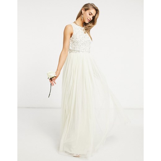 Maya Bridal – Tiulowa sukienka maxi w kolorze ecru o kroju 2 w 1 z delikatnymi cekinami-Kremowy Maya 44 Asos Poland