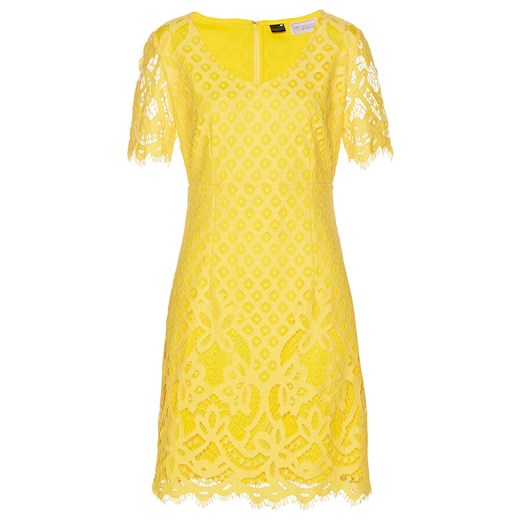 Sukienka żółta Bonprix z dekoltem v na urodziny z koronką z krótkim rękawem trapezowa mini 