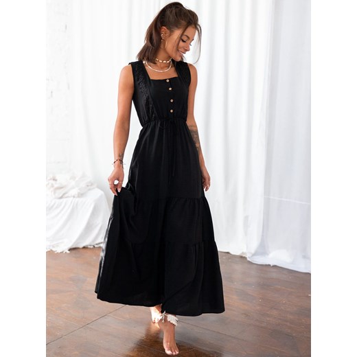 Sukienka czarna Selfieroom bez rękawów maxi trapezowa z dekoltem karo 
