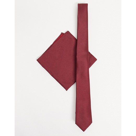 ASOS DESIGN – Burgundowy wąski krawat z satyny i poszetka-Czerwony No Size Asos Poland