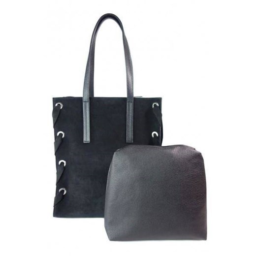 Zamszowa torba Shopper bag ,duży worek, kółka,  Vera Pelle pojemny Czarna  WK745N Kemer okazyjna cena Bagażownia.pl