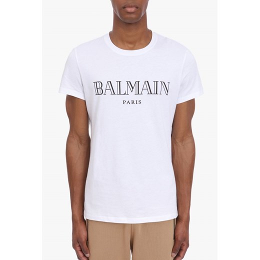 BALMAIN - t-shirt biały, męski z czarnym aksamitnym logo XL outfit.pl