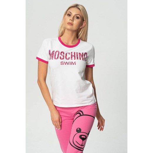MOSCHINO SWIM - biały t-shirt z różowym logo Moschino S outfit.pl
