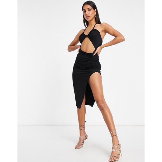 ASOS DESIGN – Czarna sukienka midi na ramiączkach z wycięciem i rozcięciem z boku-Black 32 Asos Poland