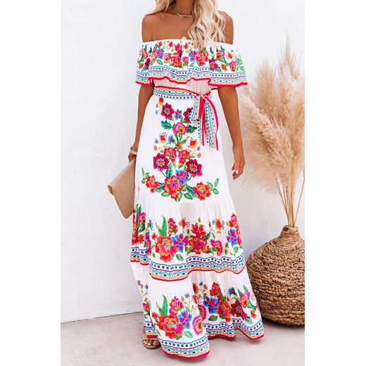 Sukienka IVET w kwiaty z dekoltem typu hiszpanka 